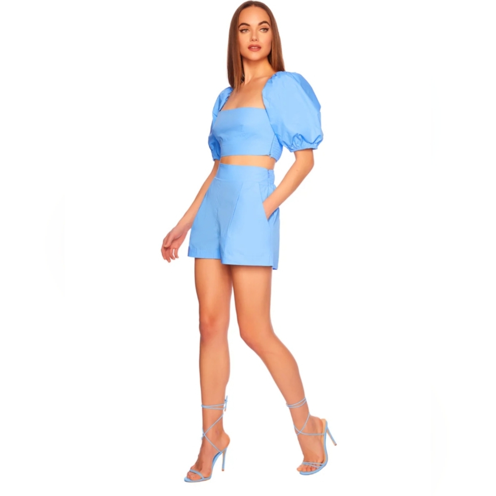 Susana Monaco‎ Sky Blue Puff Sleeve Crop Top - Picture 2 of 3